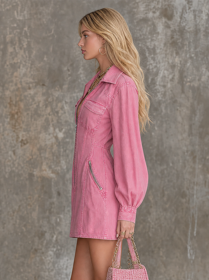 American Vintage Deep V-neck Zip-front Slim-fit Denim Mini Dress