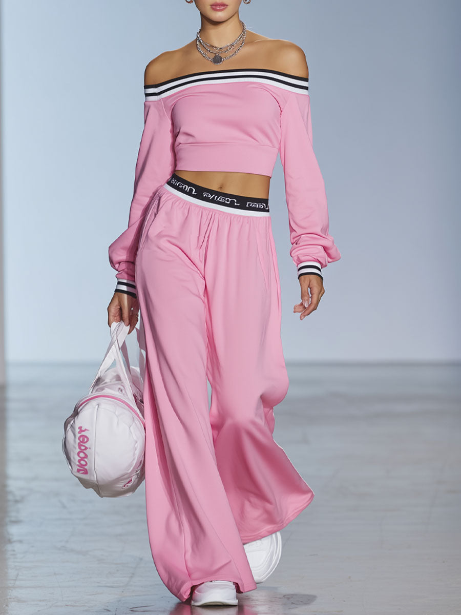 Sporty Style Boat Neck Long-sleeved Top And Wide-leg Pants Set