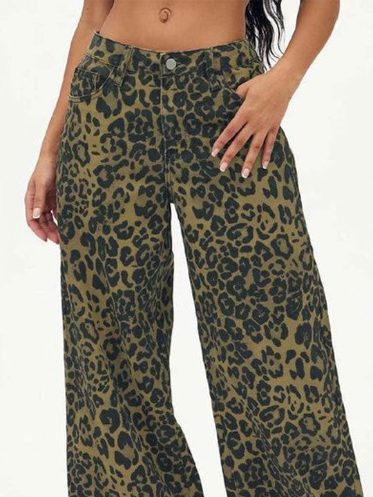 Vintage Fashion Leopard Loose Wide-Leg Jeans