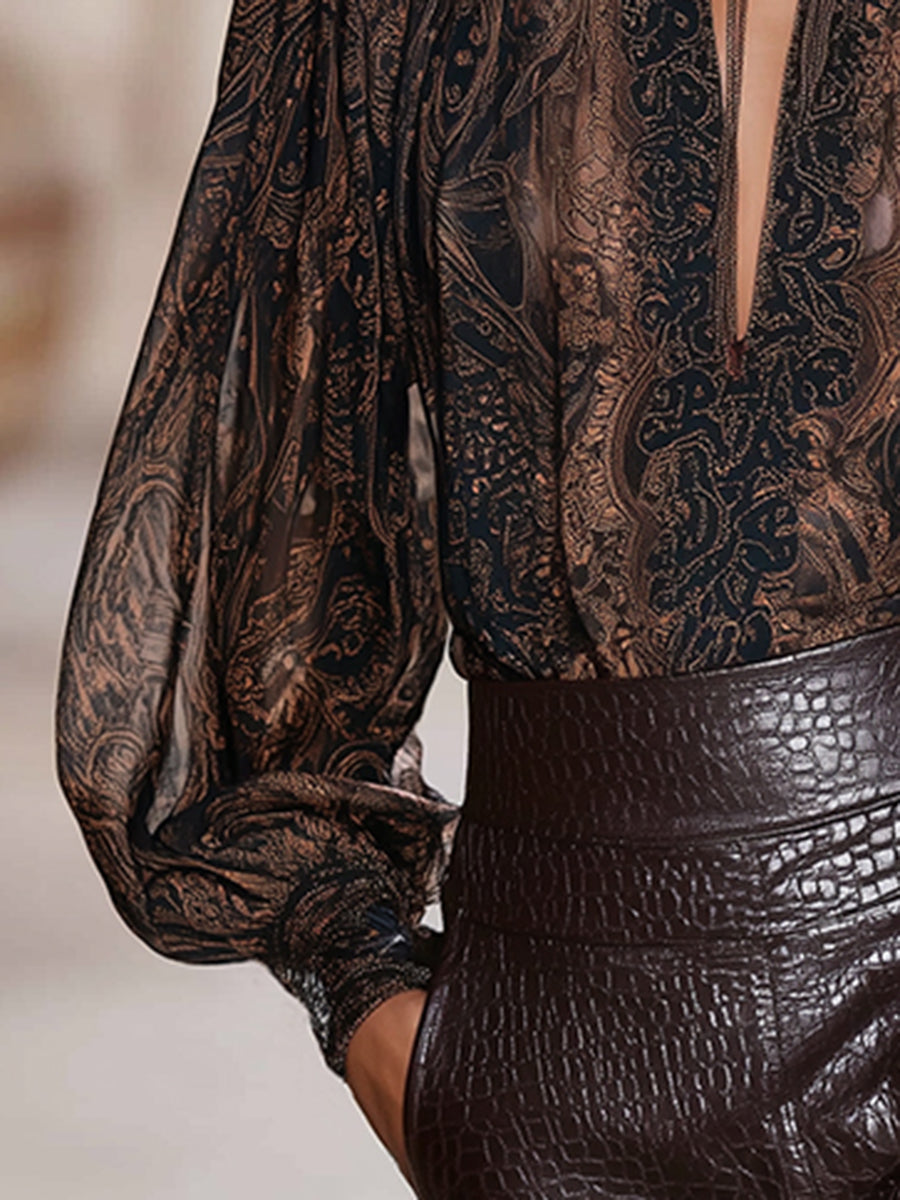 Mocha Tropical Mock Neck Printed Blouse