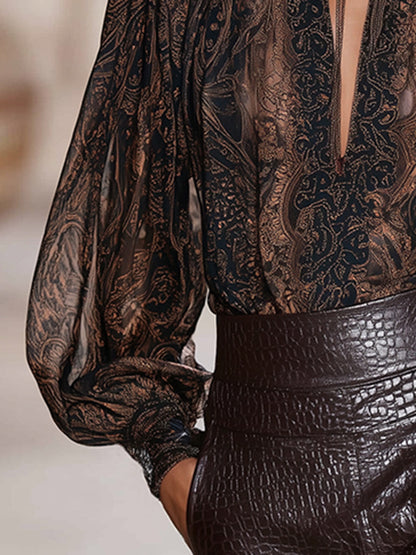 Premium Printed V-Neck Mocha Brown Printed Long Sleeve Shirt