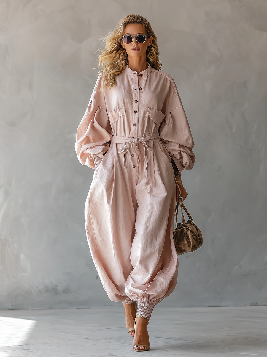 Casual And Stylish Round-neck Tulip-shaped Light Pink Jumpsuit