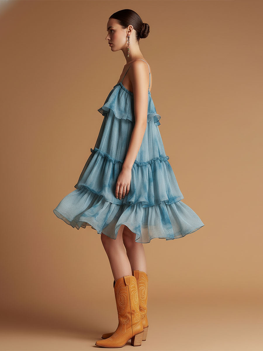 Resort-style Blue Spaghetti Strap Chiffon Midi Dress