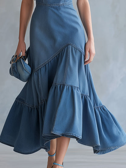 One-shoulder Ruffled Sleeveless Denim Maxi Dress