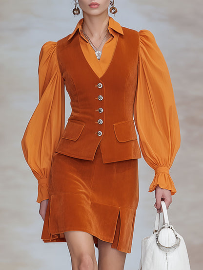 Fashionable Retro Long-sleeved Chiffon Orange Velvet Shirt And Skirt Set