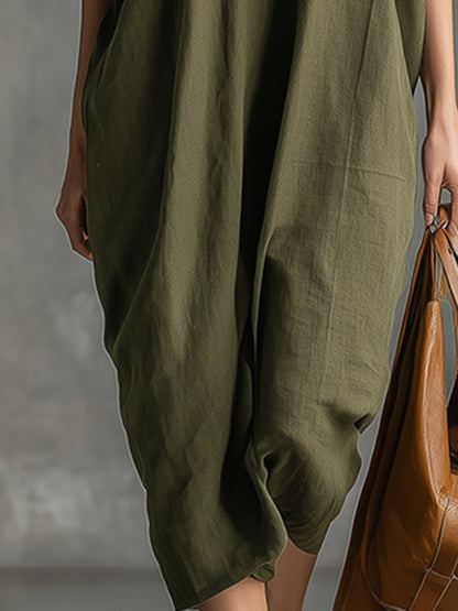 Elegant And Casual Color-blocked Neckline Bean Green Cotton And Linen Short-sleeved Midi Dres