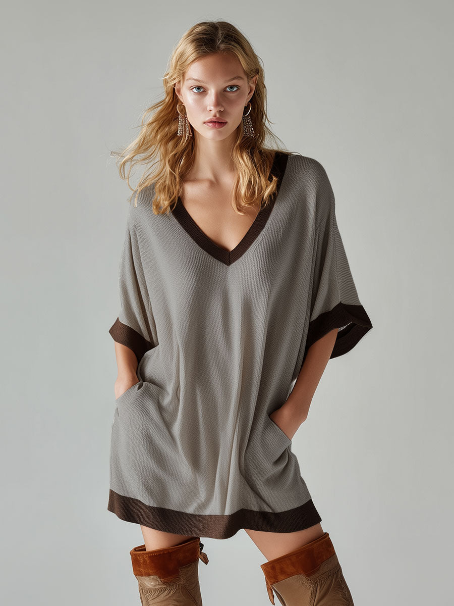 Stylish Loose-fitting Brown-trimmed Grey V-neck Knit Mini Dress