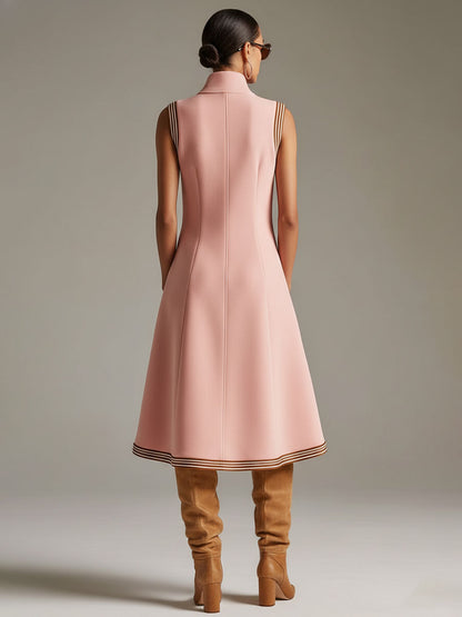 Sporty Retro Striped Ribbed Pink Cotton Blend Sleeveless Midi Dress