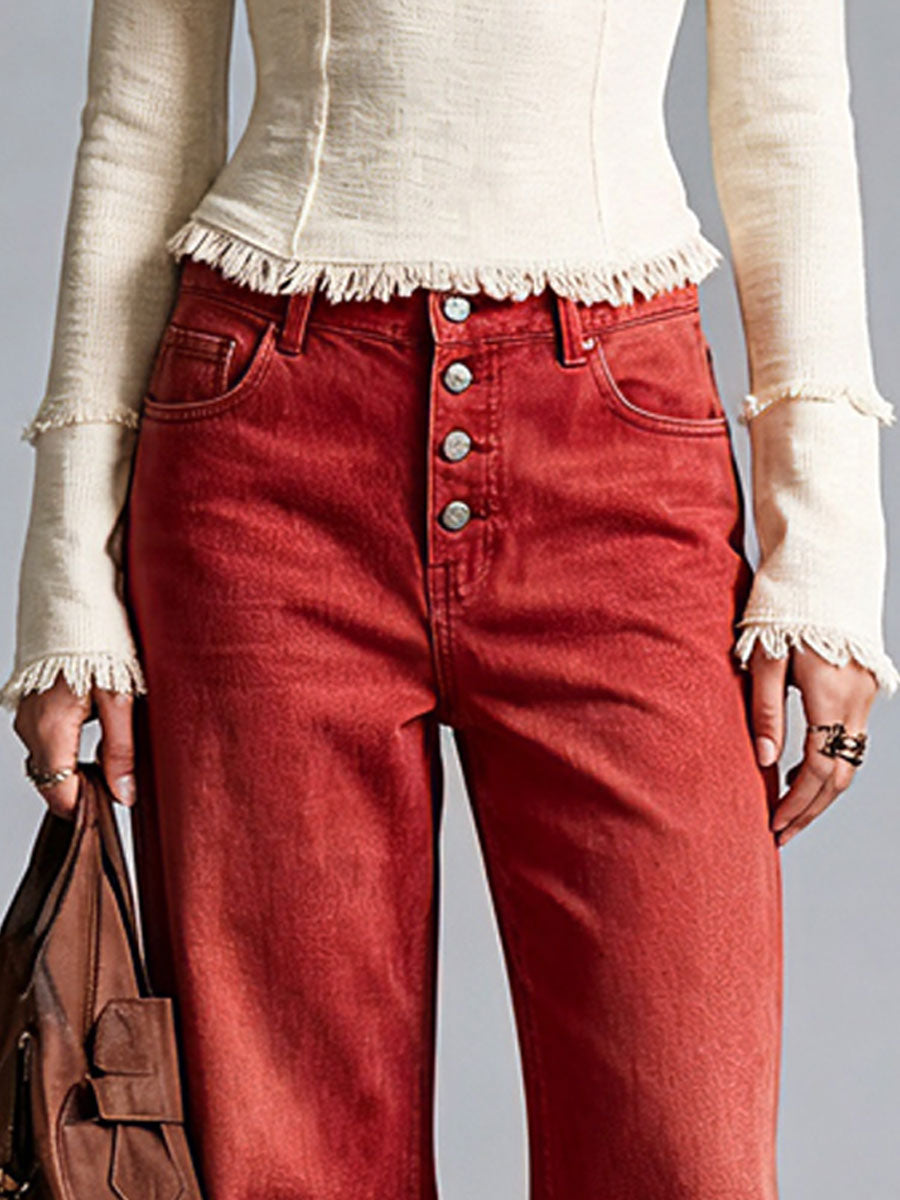 Western Retro Frayed Red Jeans