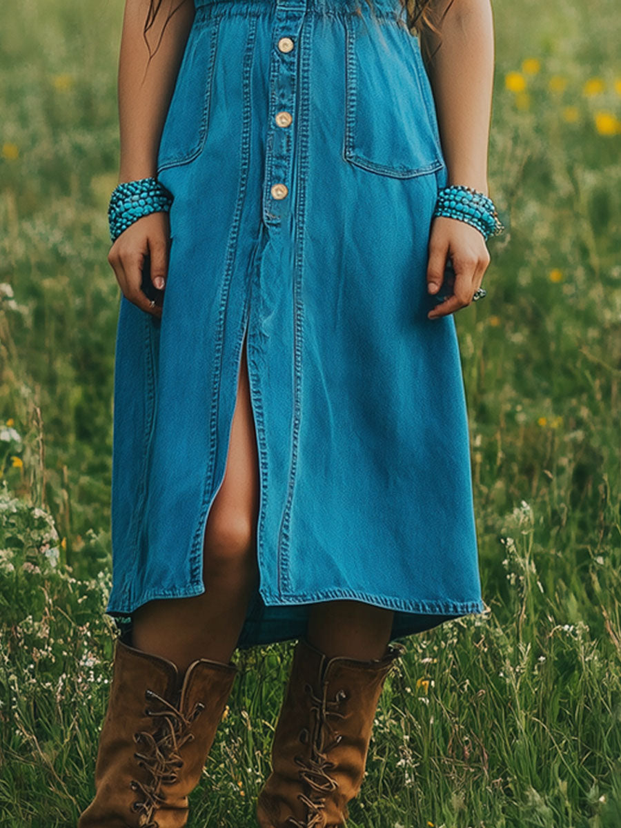 Casual Loose Retro Elastic Waist Cardigan Short Sleeve Denim Midi Dress