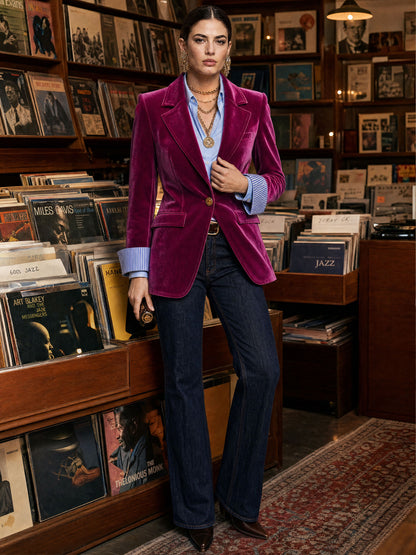 Fashionable Retro Striped Patchwork Fuchsia Velvet Blazer