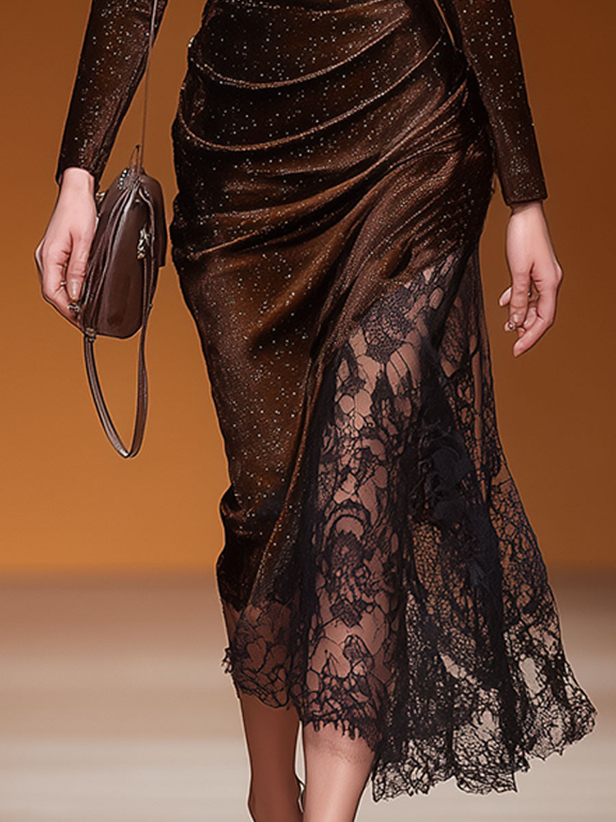 Stylish And Elegant Lace-trimmed Brown Shimmering Velvet Midi Dress