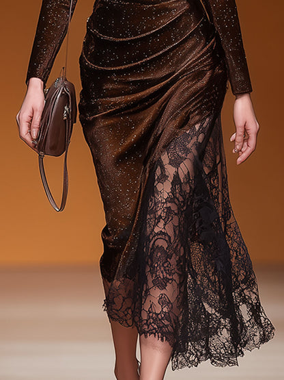 Stylish And Elegant Lace-trimmed Brown Shimmering Velvet Midi Dress