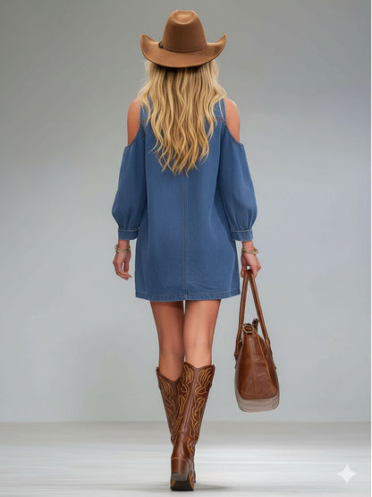 V-neck Multi-pocket Off-the-shoulder Denim Mini Dress