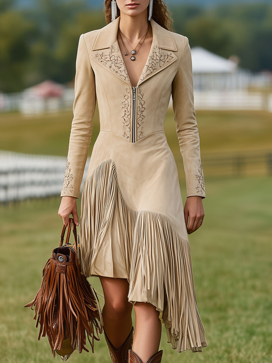 Western Retro Beige Faux Suede Embroidered Tassel Midi Dress