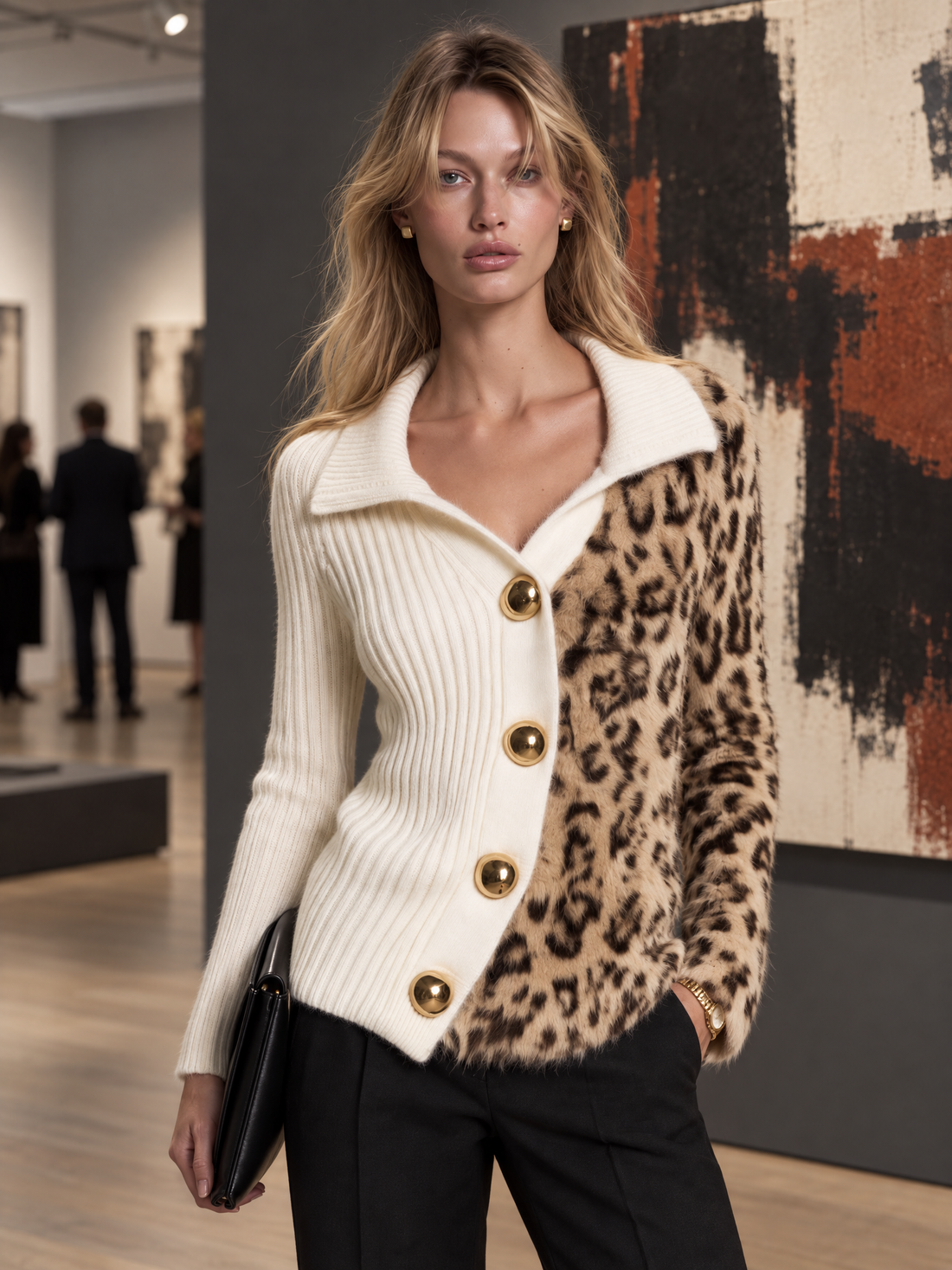 Retro Leopard Print Color Block Collared Button-Up Fitted Ribbed Knit Women Cardigan