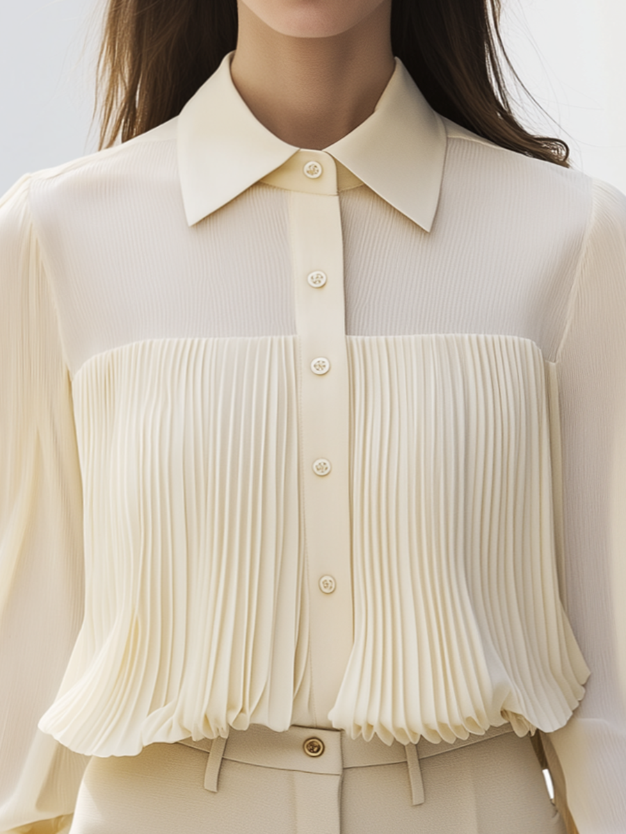 Elegant Pleated Solid Color Long Sleeve Shirt