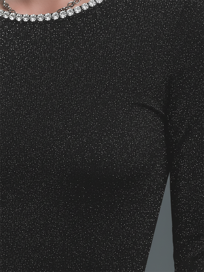 Elegant Rhinestone Trim Crew Neck Long Sleeve T-Shirt