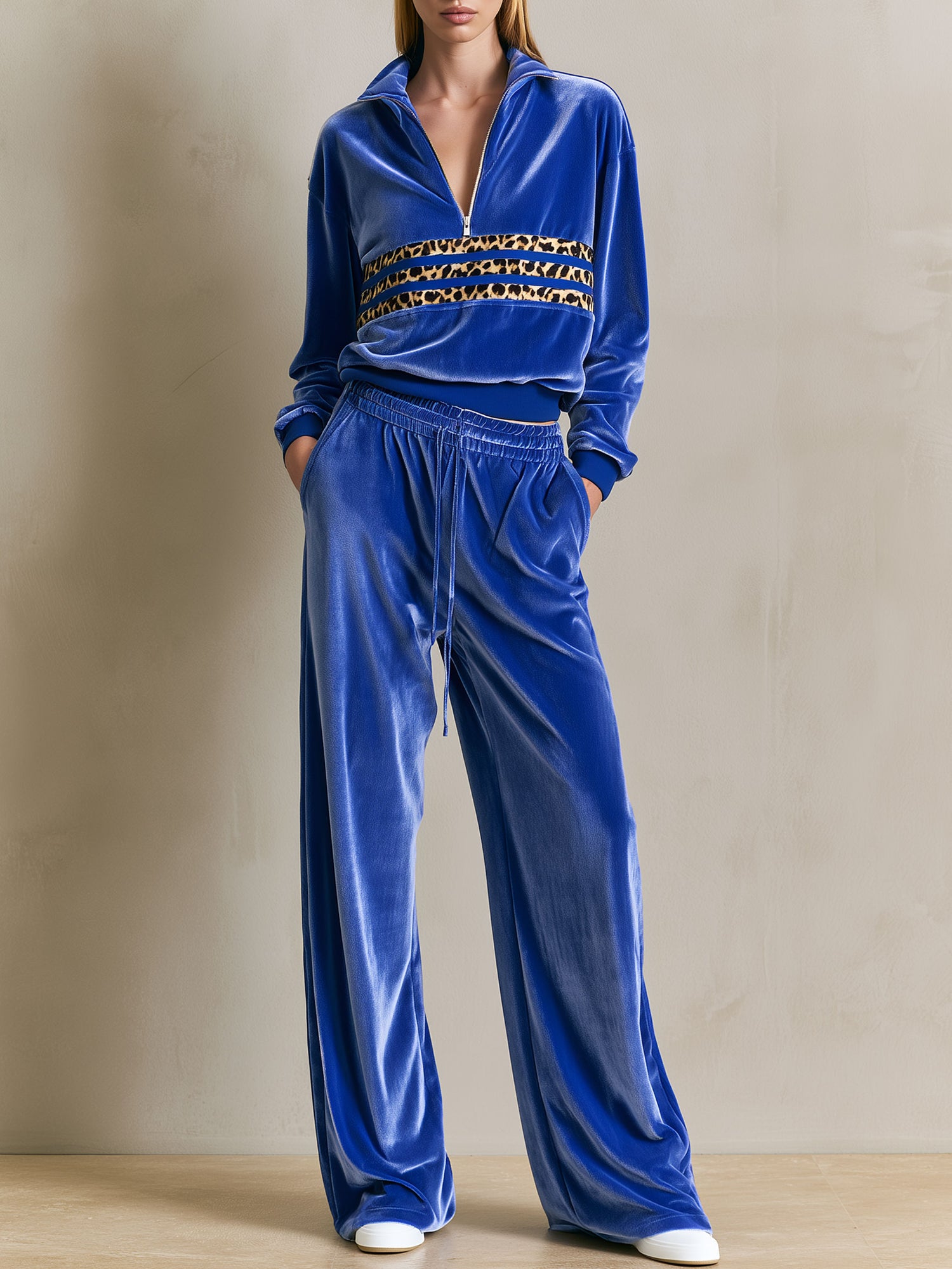 Fashionable Leopard Print Striped Half-zip Royal Blue Velvet Sweatshirt And Pants Set