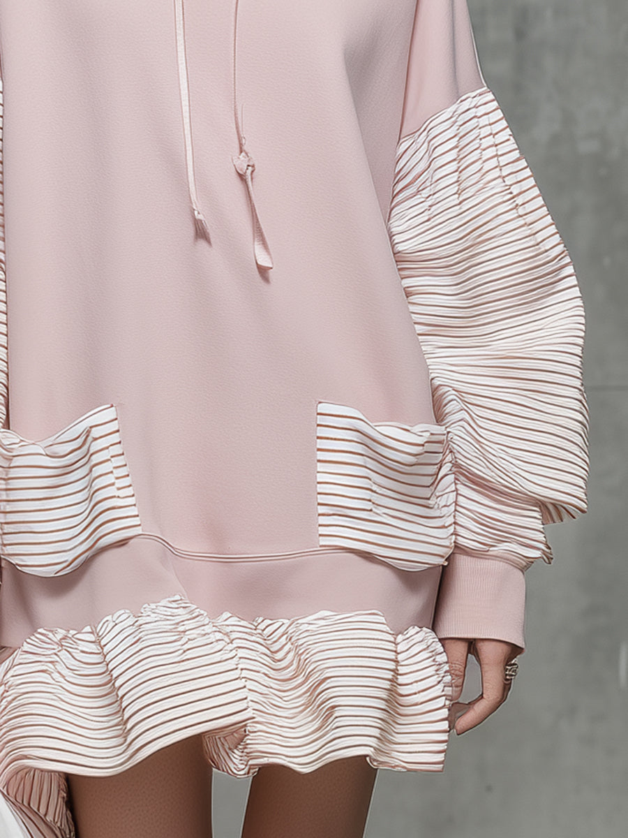 Casual Straight-cut Pink Mini Dress With Striped Paneling.