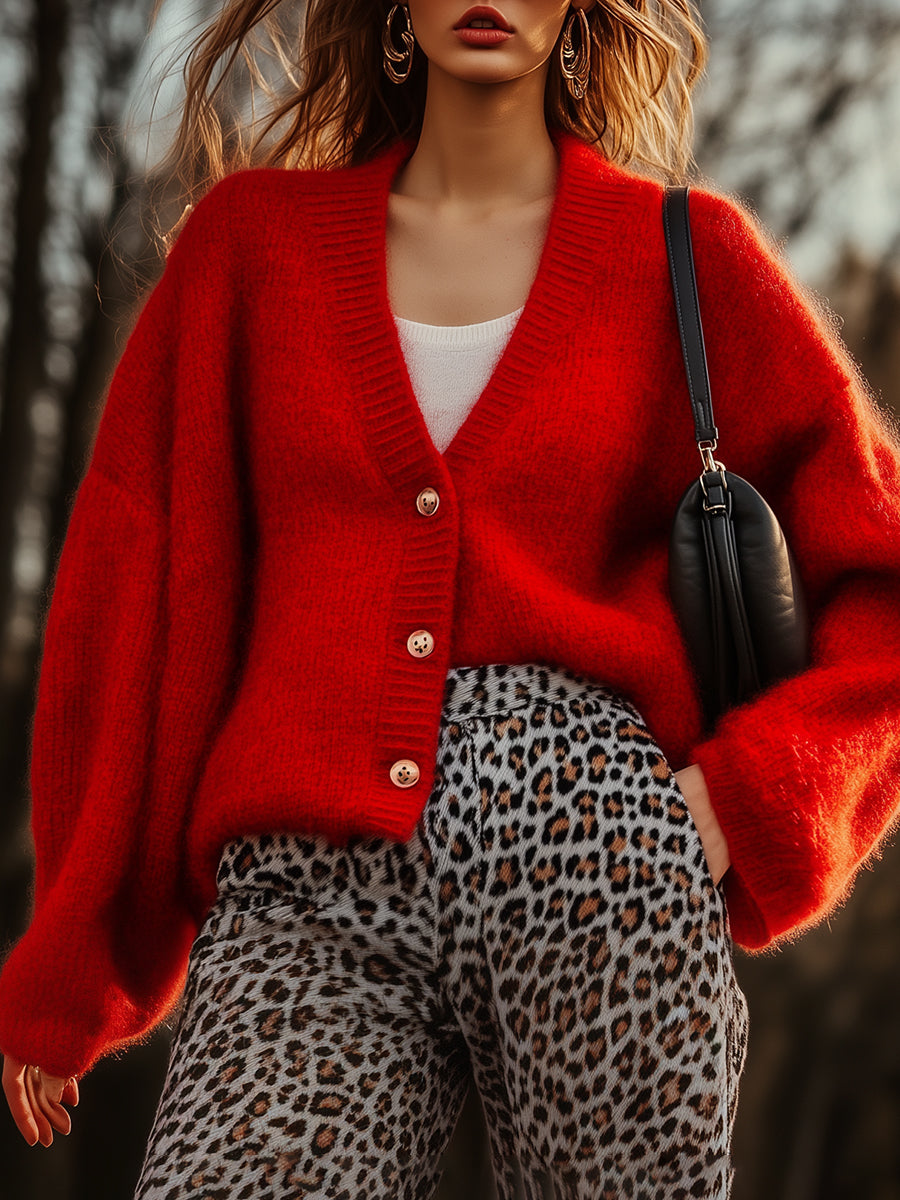 Casual And Fashionable Loose Gold Button V-Neck Cardigan