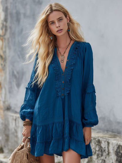 V-neck Button-down Ruffled Cotton Long-sleeved Mini Dress