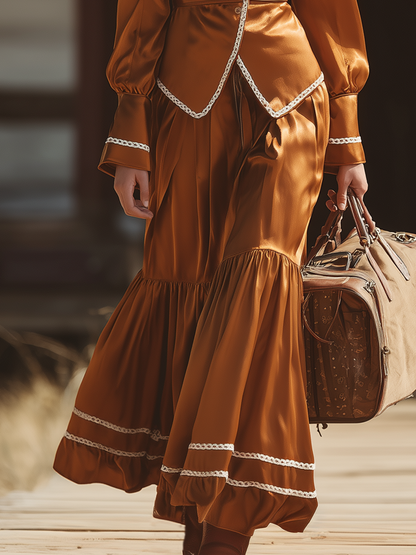 Romantic Bohemian White Ribbon Satin Shirt And Skirt Set