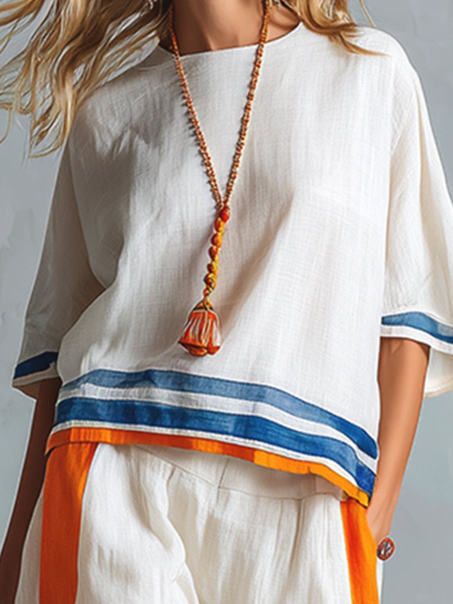 Casual Urban Style Contrast-Trimmed White T-Shirt &amp; Wide-Leg Pants Cotton-Linen Set