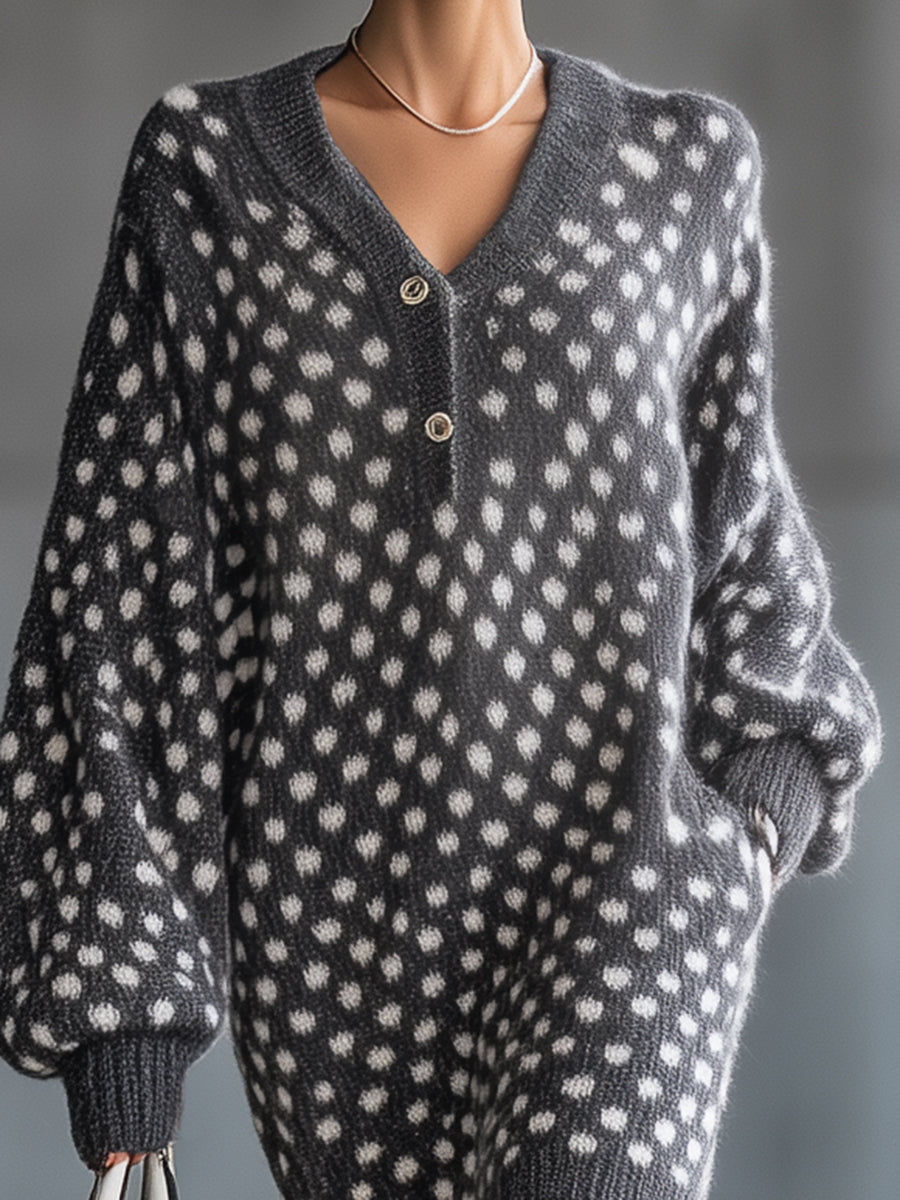 Fashionable Grey Knit White Polka Dot Textured Round Neck Midi Dress