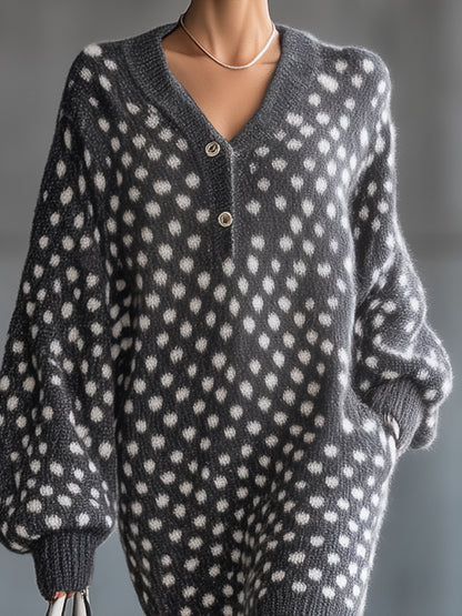 Fashionable Grey Knit White Polka Dot Textured Round Neck Midi Dress