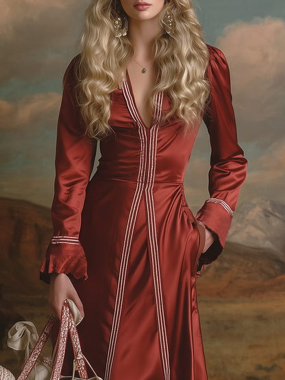 Romantic Western-style V-neck Red Satin Maxi Dress