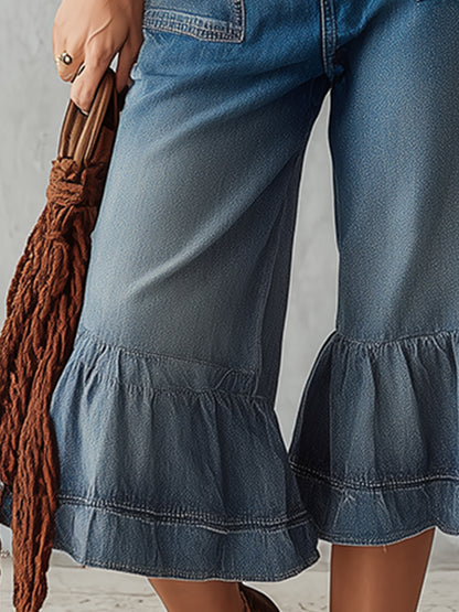 Trendy Street Style Ruffled Blue Denim Mid-length Pants