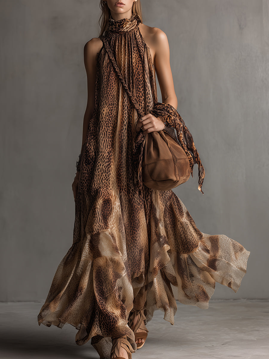 Elegant Urban Brown Leopard Print Chiffon Halter Neck Maxi Dress