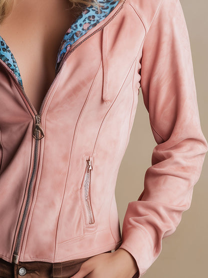 Western Retro Blue Leopard Print Hooded Light Pink Faux Suede Long-Sleeve Shirt