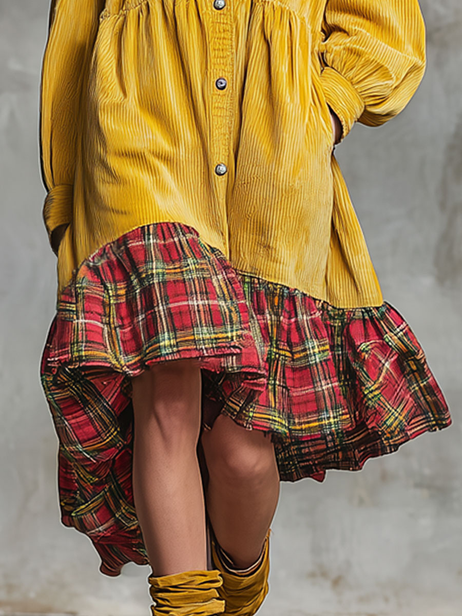 Fashionable Retro Plaid Floral Yellow Corduroy Long-sleeved Midi Dress