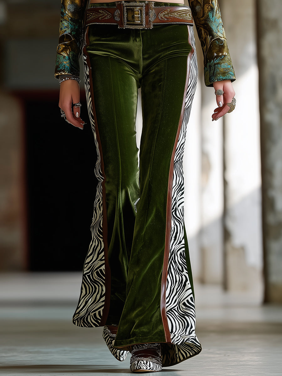 Western-style Green Velvet Flared Pants With Brown Webbing Zebra Print