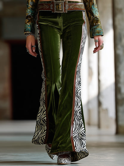 Western-style Green Velvet Flared Pants With Brown Webbing Zebra Print