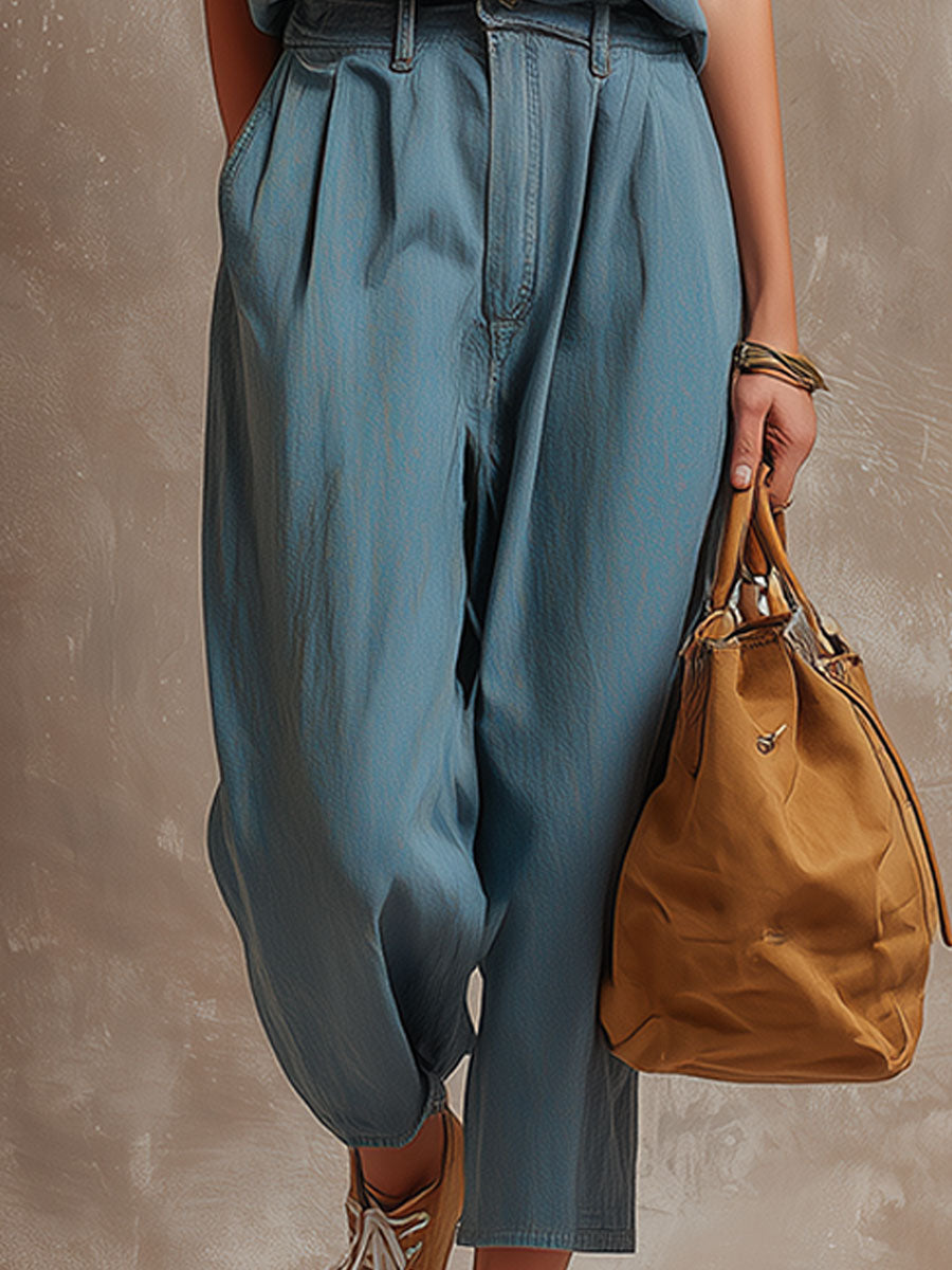 Stylish Retro Blue Sleeveless Button-down Washed Denim Top And Pants Set