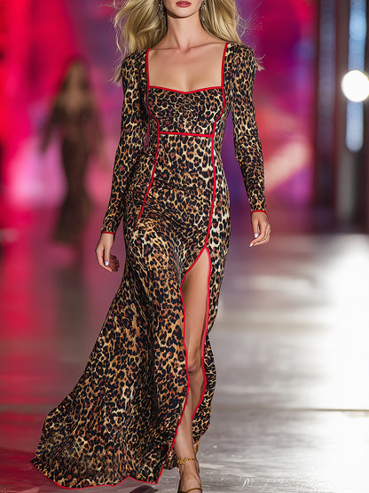 Retro-chic Red-trimmed Leopard Print Maxi Dress With Slit