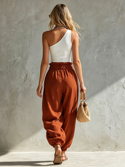 Retro White Off-shoulder Cotton T-shirt And Orange Cotton-linen Lantern Pants Set