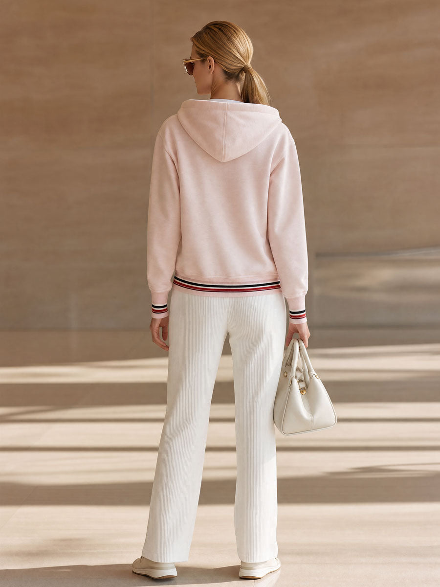 Casual Sports Colorful Striped Pink Cotton Hoodie