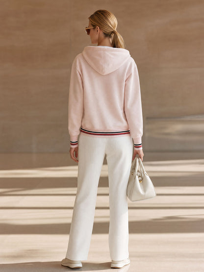 Casual Sports Colorful Striped Pink Cotton Hoodie