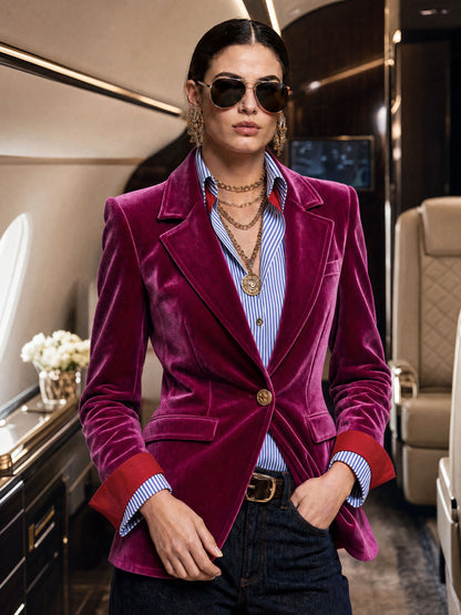 Fashionable Retro Striped Patchwork Fuchsia Velvet Blazer
