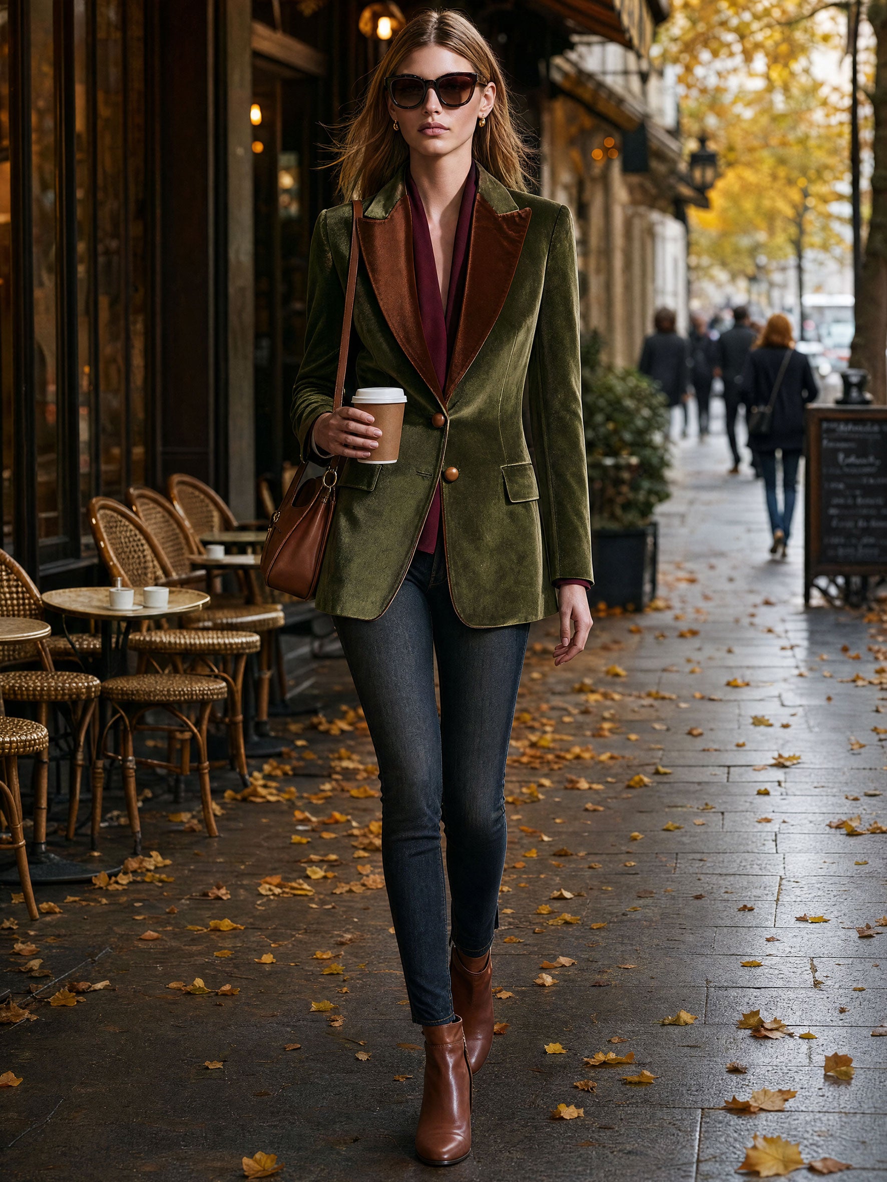 Casual Retro Brown Lapel Moss Green Velvet Blazer