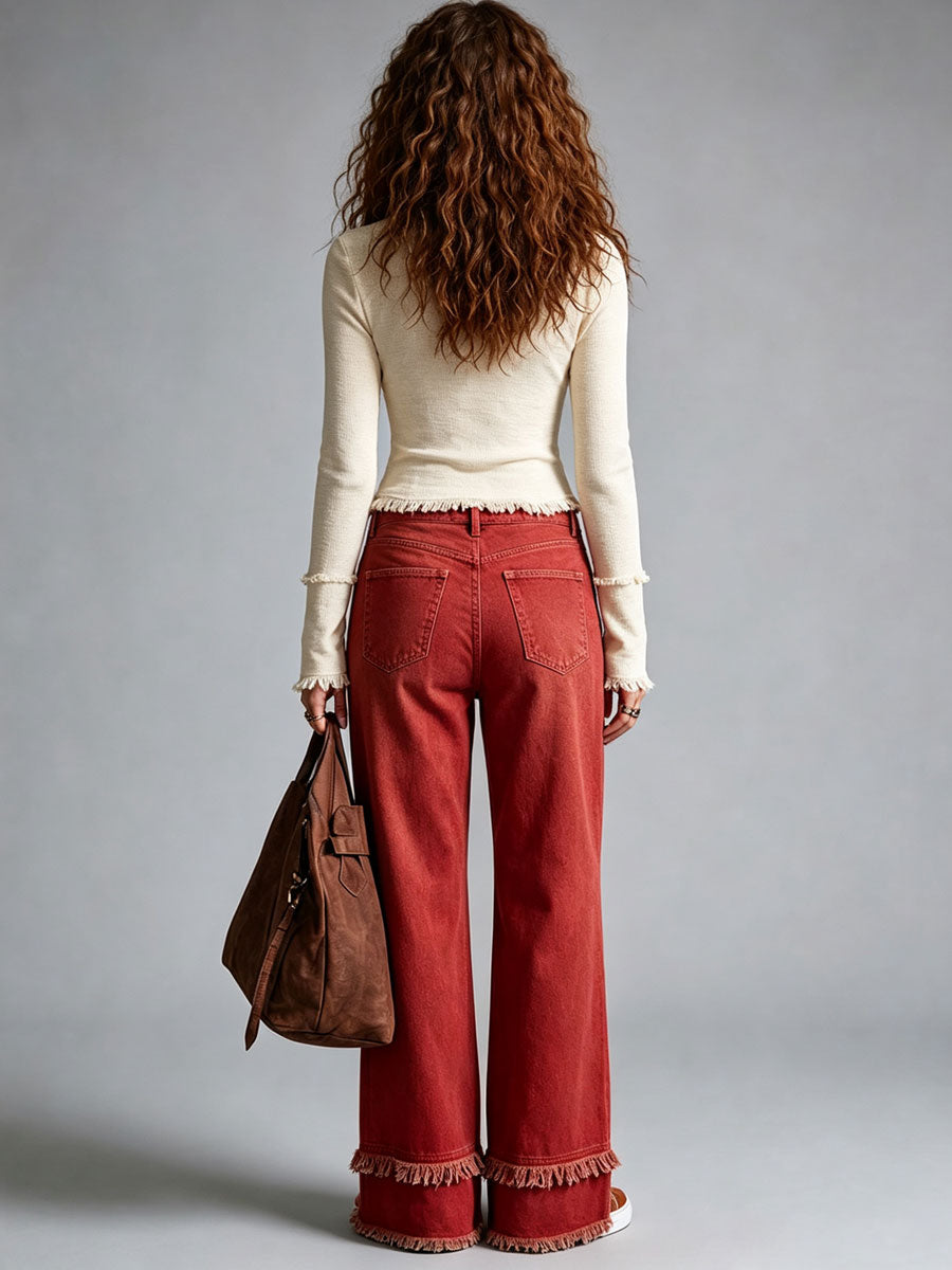Western Retro Frayed Red Jeans