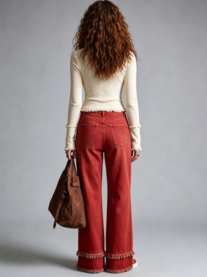 Western Retro Frayed Red Jeans
