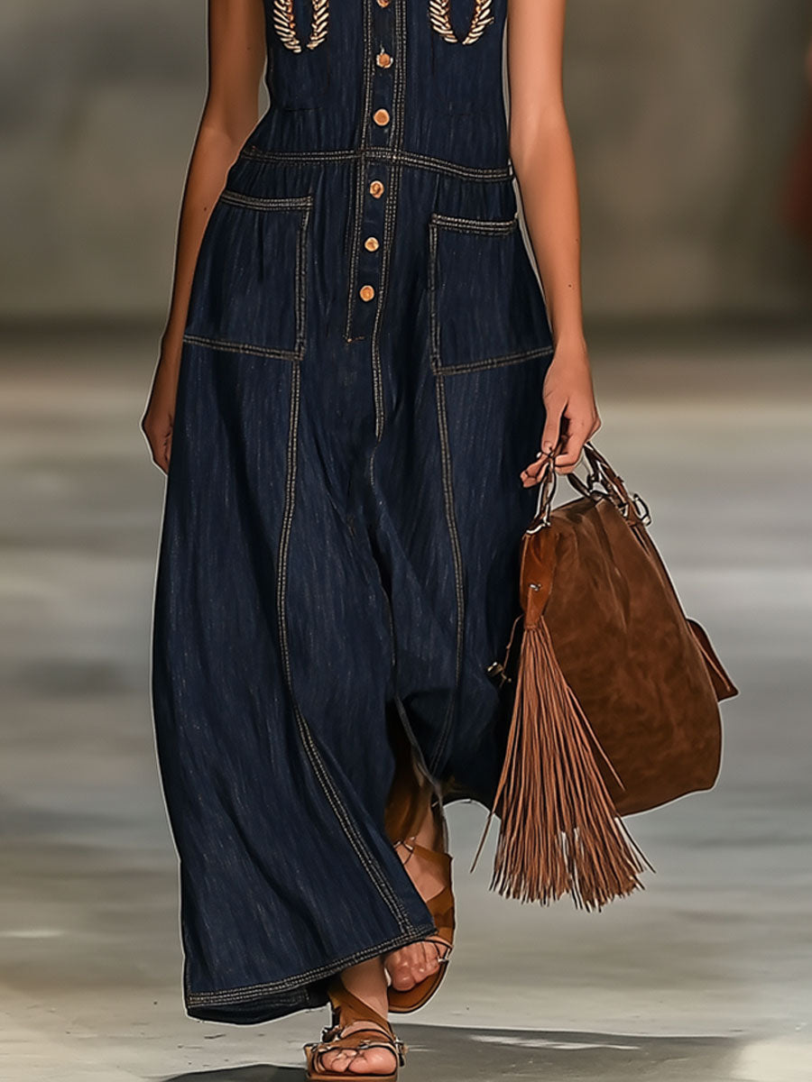 Casual Loose Retro Bohemian Embroidered Denim Sleeveless Wide Leg Jumpsuit