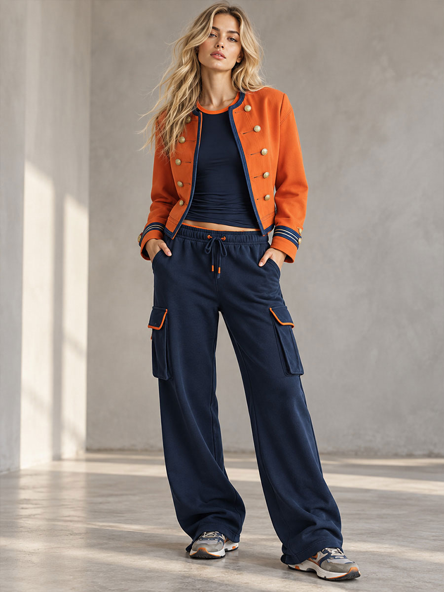 Retro Sporty Color-blocked Blue Cotton Pants