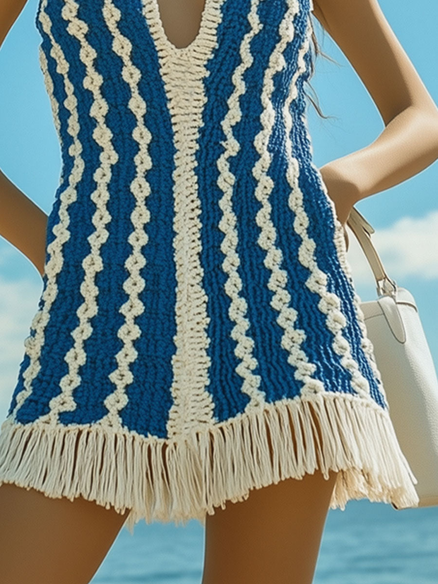 Fashion Holiday Blue and White Crochet Tassel V-Neck Vest Mini Dress