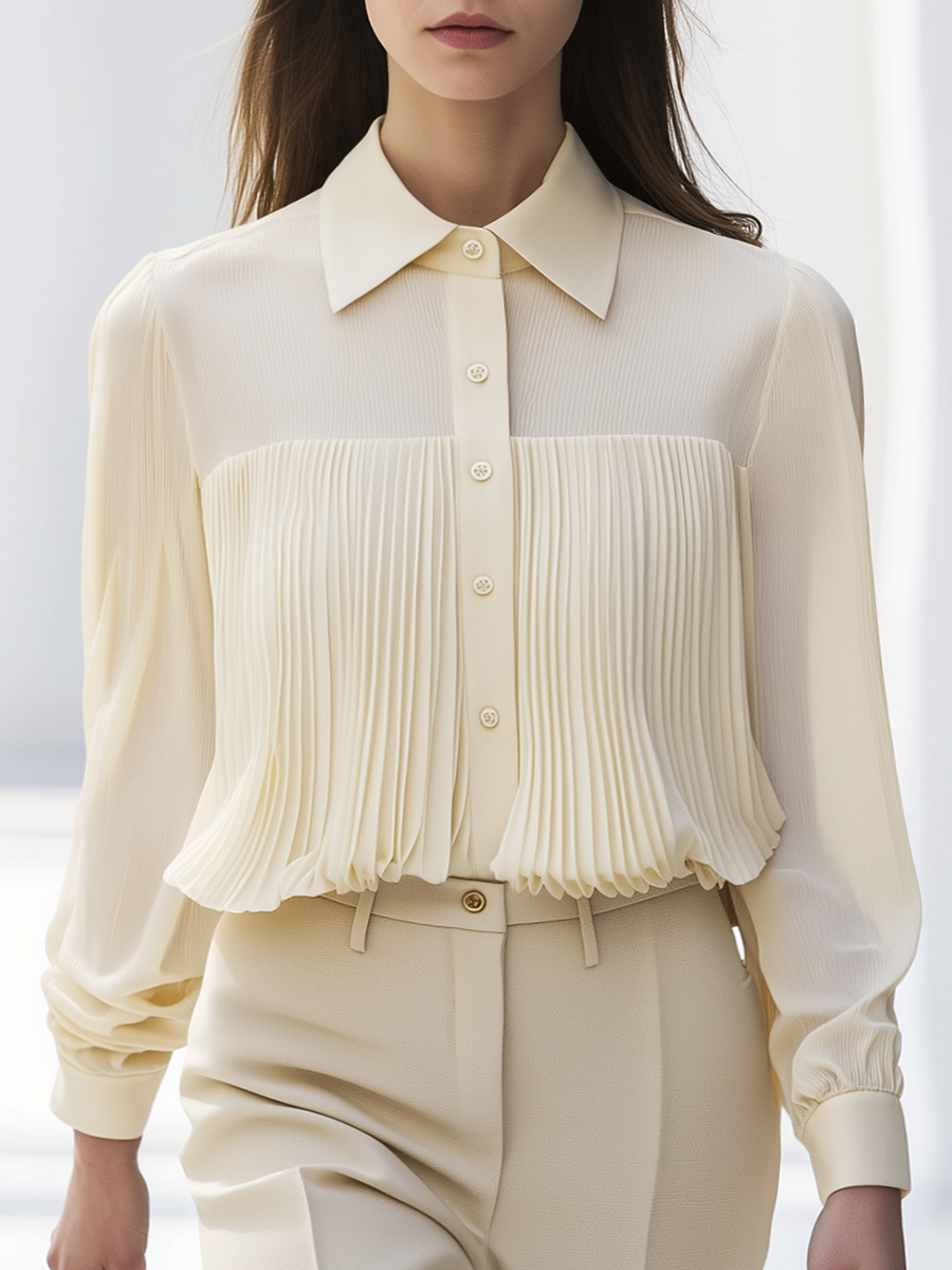 Elegant Pleated Solid Color Long Sleeve Shirt